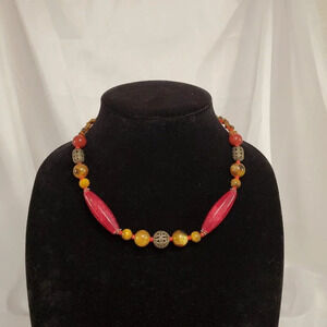 VTG Rhodonite & Tiger Eye Beaded Necklace Adjustable 17"-19" Real Stone Mix Bead